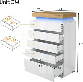 Comodă cu 6 sertare, iluminare LED, spațiu mare de depozitare, 73x39x115 cm, Alb