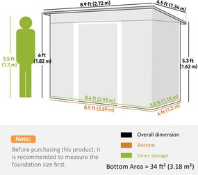 Outsunny Căsuță de Grădină 3,18m² din Oțel Zincat cu 2 Guri de Aerisire, Depozit pentru Unelte cu Uși Duble Culisante, Acoperiș Înclinat, 272x134x182 cm, Verde Întunecat | Aosom Romania