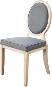 Scaun dining tapițat French Country din lemn de fag și stofă, gri, cu spătar oval medalion, finisaj patinat, 97 x 55 x 51 cm, „Medaillon”