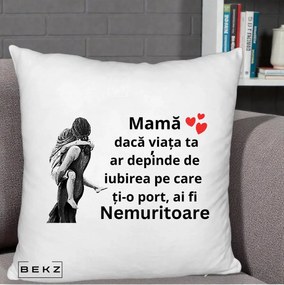 Cadou pentru Mama - Perna Personalizata Mama Nemuritoare Gravura Vintage, 40x40 cm, Alb Pufos, Husa Detasabila, Perna Inclusa, BEKZ®