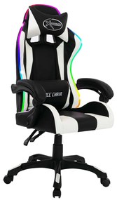 Scaun de racing cu LED RGB, alb si negru, piele ecologica Alb si negru, Fara suport de picioare, 1