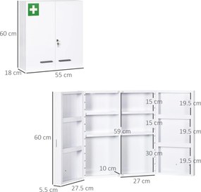 kleankin Dulap pentru Medicamente cu 6 Rafturi cu Încuietoare și 2 Chei de Siguranță, Dulap din Oțel, 55x18x60 cm, Alb