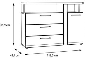 Comoda Tuberoze Negru, Stejar Catania si Negru Super Lucios, 118.5 Cm