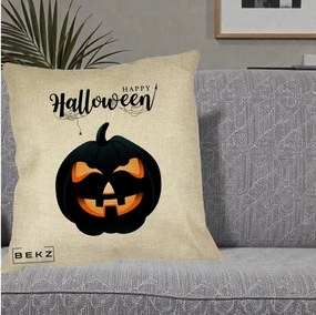 Perna Decorativa Happy Halloween Dovleac Negru cu Paianjen, 40x40 cm, Crem, Husa Detasabila, Perna Inclusa, BEKZ®