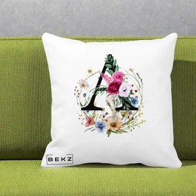 Cadou Personalizat - Perna Personalizata Monogram Litera A cu Flori Acuarela, 40x40 cm, Alba Mata, Husa Detasabila, Perna Inclusa, BEKZ®