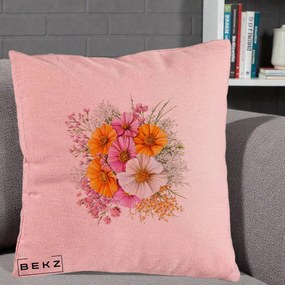 Perna Decorativa Buchet Cosmos Portocaliu Roz si Alb, 40x40 cm, Roz, Husa Detasabila, Perna Inclusa, BEKZ®