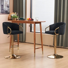 Set de 2 scaune de bar moderne, rotative și reglabile pe înălțime, cu spătar și suport pentru picioare auriu, pentru bucătărie, bar și tejghea de restaurant, Negru