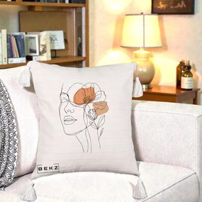 Perna Decorativa Portret Feminin Mac Profilat, 40x40 cm, Bej cu Franjuri, Husa Detasabila, Perna Inclusa, BEKZ®
