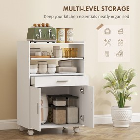 HOMCOM Dulap pentru Cuptorul cu Microunde cu Roți, Bufet de Bucătărie cu Sertar, Blat pentru Electrocasnice, Dulap cu 2 Uși, Raft Glisant și Raft Deschis, Cărucior de Bucătărie pentru Sufragerie, 59x40x92cm, Alb | Aosom Romania