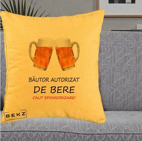 Perna Decorativa Bautor Autorizat de Bere, 40x40 cm, Galben, Husa Detasabila, Perna Inclusa, BEKZ®