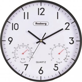 Ceas de perete Rosberg R59998F, 30 cm, Mecanism silentios, Higrometru, Termometru, Rotund, Negru