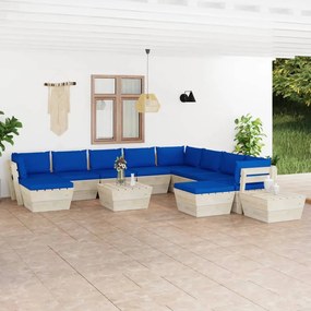 Set mobilier gradina din paleti cu perne, 12 piese, lemn molid Albastru, 3x colt + 5x mijloc + 2x masa + 2x suport pentru picioare, 1
