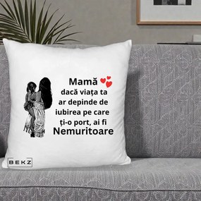 Cadou pentru Mama - Perna Personalizata Mama Nemuritoare Imbratisare, 40x40 cm, Alb Pufos, Husa Detasabila, Perna Inclusa, BEKZ®