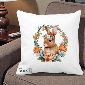 Perna Decorativa Iepuras Floral Coronita Acuarela, 40x40 cm, Alba Mata, Husa Detasabila, Perna Inclusa, BEKZ®
