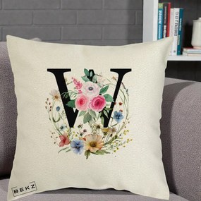 Cadou Personalizat - Perna Personalizata Monograma Florala Litera W, 40x40 cm, Ecru, Husa Detasabila, Perna Inclusa, BEKZ®