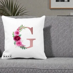 Cadou Personalizat - Perna Personalizata Monograma Rose Gold Litera G, 40x40 cm, Alba Mata, Husa Detasabila, Perna Inclusa, BEKZ®