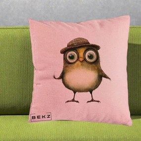 Perna Decorativa Pui Intelectual cu Palarie Tweed, 40x40 cm, Roz, Husa Detasabila, Perna Inclusa, BEKZ®
