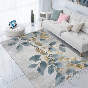 Covor tip traversă albastru deschis/auriu lavabil 80x200 cm Golden Leaves – Mila Home