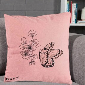 Perna Decorativa Fluture si Flori Linie Monocroma, 40x40 cm, Roz, Husa Detasabila, Perna Inclusa, BEKZ®
