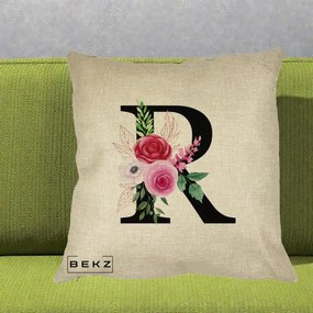 Cadou Personalizat - Perna Personalizata Monograma Florala Litera R, 40x40 cm, Crem, Husa Detasabila, Perna Inclusa, BEKZ®