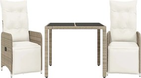 vidaXL Set bistro de grădină, 3 piese, cu perne, maro, poliratan