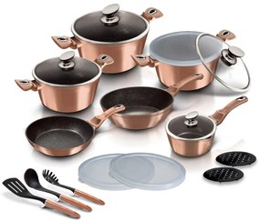 Set oale si tigai, cu capace, marmorate, 18 piese Rose Gold Berlinger Haus BH 7034, compatibile cu plita cu inductie