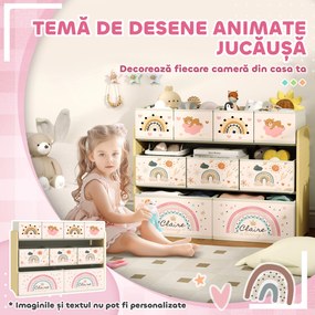 AIYAPLAY Etajeră Depozitare Jucării cu 3 Niveluri și 9 Cutii de Țesătură, Mobilier Depozitare Jucării, 93x30x70 cm, Galben | Aosom Romania