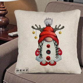 Perna Decorativa Pitic Gnom Craciun cu Coarne de Ren, 40x40 cm, Bej Canapea, Husa Detasabila, Perna Inclusa, BEKZ®