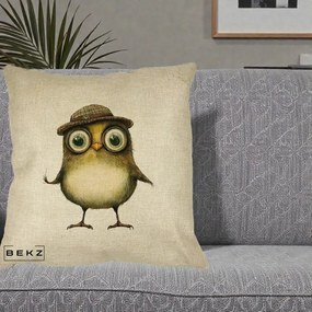 Perna Decorativa Pui Intelectual cu Palarie Tweed, 40x40 cm, Crem, Husa Detasabila, Perna Inclusa, BEKZ®