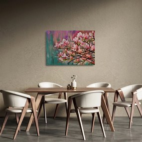 Tablou pe sticlă - Pictură în ulei, Sakura în floare (70x50 cm)