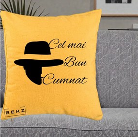 Cadou pentru Cumnat - Perna Personalizata Cel mai Bun Cumnat cu Silueta Palarie, 40x40 cm, Galben, Husa Detasabila, Perna Inclusa, BEKZ®