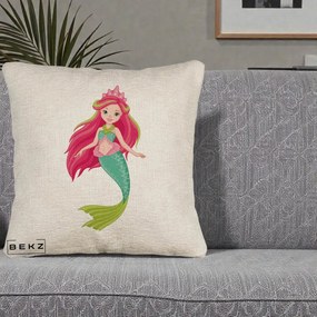 Perna Decorativa Sirena Roz cu Coroana, 40x40 cm, Bej Canapea, Husa Detasabila, Perna Inclusa, BEKZ®