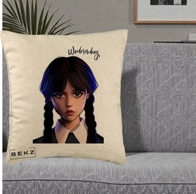 Perna Personalizata Wednesday Addams Portret Realist, 40x40 cm, Bej, Husa Detasabila, Perna Inclusa, BEKZ®