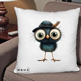 Perna Decorativa Pui Misterios cu Palarie Neagra, 40x40 cm, Alb Pufos, Husa Detasabila, Perna Inclusa, BEKZ®