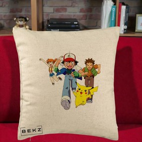 Perna Personalizata Pokemon Ash Misty Brock si Pikachu, 40x40 cm, Bej, Husa Detasabila, Perna Inclusa, BEKZ®