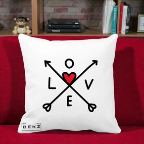 Perna Decorativa Love cu Sageti Incrucisate si Inima Rosie, 40x40 cm, Alba Mata, Husa Detasabila, Perna Inclusa, BEKZ®