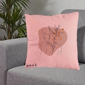 Perna Decorativa Femeie cu Flori Line Art Boho, 40x40 cm, Roz, Husa Detasabila, Perna Inclusa, BEKZ®