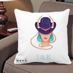Perna Personalizata Zodie Taur, 40x40 cm, Alba Mata, Husa Detasabila, Perna Inclusa, BEKZ®