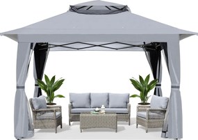 ABCCANOPY Foișor de gradina 3.96x3.96 m - Foișor exterior cu cadru din oțel și plasă de țânțari, înălțime reglabilă 3 trepte, pentru gazon, curte, grădină, terasă, Gri