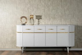 RESIGILAT- Comoda TV cu riflaje, Alb/Auriu, 180x40x80 cm