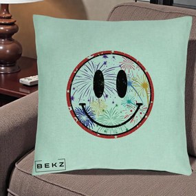 Perna Decorativa Smiley Face cu Artificii Multicolore, 40x40 cm, Verde Menta, Husa Detasabila, Perna Inclusa, BEKZ®