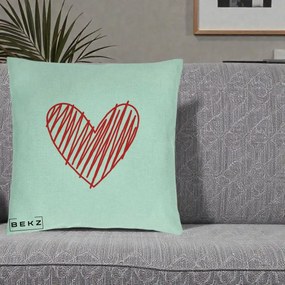 Perna Decorativa Inima Rosie Desen Manual, 40x40 cm, Verde Menta, Husa Detasabila, Perna Inclusa, BEKZ®