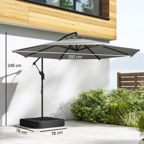 Outsunny Parasol cu braț lateral pentru grădină 300 cm cu bază în cruce, sac de nisip, parasol tip banană rotativ 360°, gri | Aosom Romania