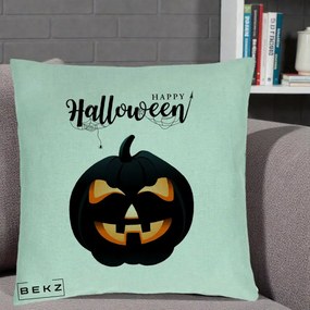 Perna Decorativa Happy Halloween Dovleac Negru cu Paianjen, 40x40 cm, Verde Menta, Husa Detasabila, Perna Inclusa, BEKZ®