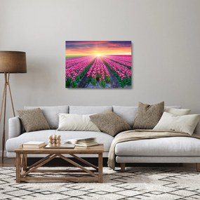 Tablou pe sticlă cu câmp de lalele cu soare (70x50 cm)