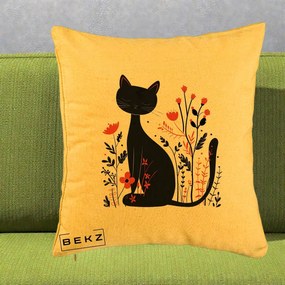 Perna Decorativa Pisica Neagra Flori Rosii Folk Minimal, 40x40 cm, Galben, Husa Detasabila, Perna Inclusa, BEKZ®