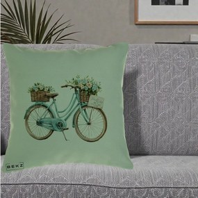 Perna Decorativa Bicicleta Teal cu Cosuri Duble de Flori Vintage, 40x40 cm, Verde, Husa Detasabila, Perna Inclusa, BEKZ®