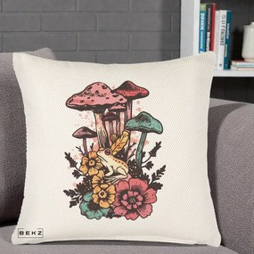 Perna Decorativa Ciuperci si Broaste Boho, 40x40 cm, Crem Reliefat, Husa Detasabila, Perna Inclusa, BEKZ®