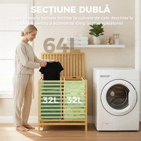 HOMCOM Coș de Rufe din Bambus 64L cu Capac, 2 Saci din Material Oxford Detașabili și Lavabili, Culoare Lemn | Aosom Romania