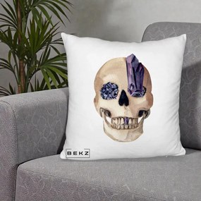 Perna Decorativa Craniu cu Cristale de Ametist, 40x40 cm, Alb Pufos, Husa Detasabila, Perna Inclusa, BEKZ®